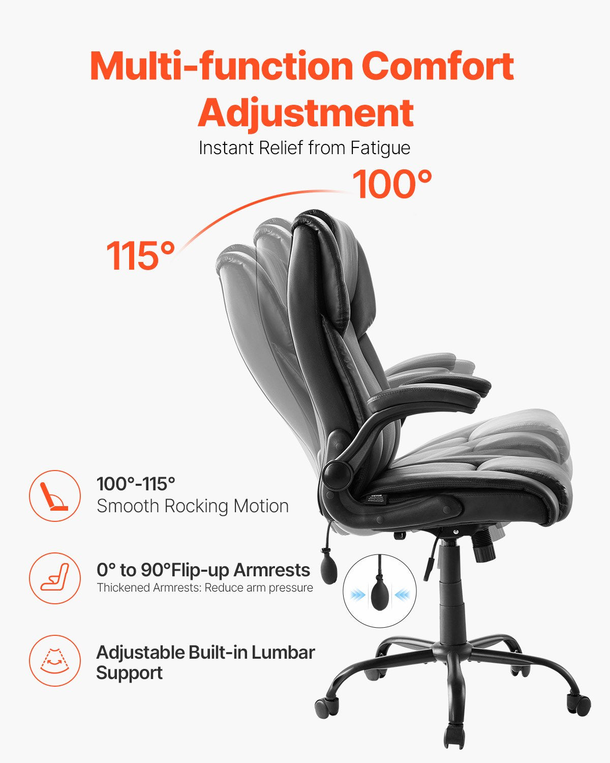 Executive Chair, High Back Office Chair with Flip-up Armrests & Lumbar Support, Ergonomic Desk Chair Adjustable Tilt & Height, PU Leather Swivel Rolling Chair for Working, Study, Gaming, Black