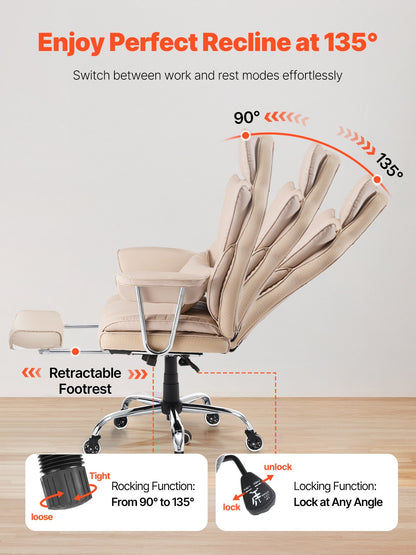 Executive Office Chair, High Back Chair with Footrest and Removable Armrests, Ergonomic Desk Chair High-Resilience Foam Cushion, PU Leather Swivel Rolling Chair for Work, Study, Game, Brown