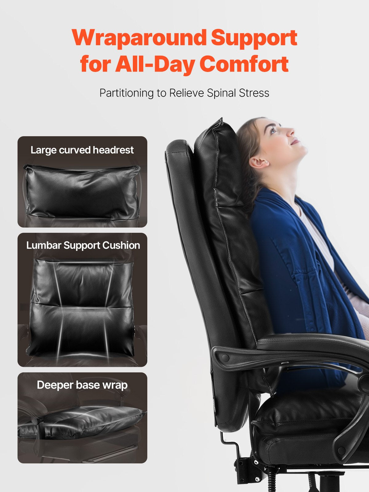 Executive Office Chair, High Back Chair with Footrest and Lumbar Pillow, Ergonomic Desk Chair 135° Recline & Adjustable Height, PU Leather Swivel Rolling Chair for Work, Study, Game, Black