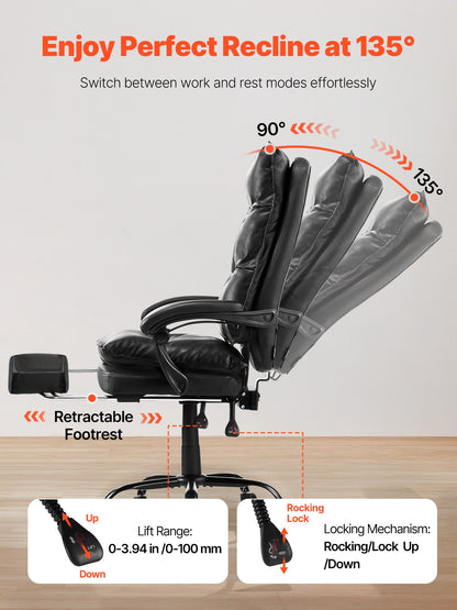 Executive Office Chair, High Back Chair with Footrest and Lumbar Pillow, Ergonomic Desk Chair 135° Recline & Adjustable Height, PU Leather Swivel Rolling Chair for Work, Study, Game, Black