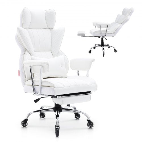 Reclining Office Chair with Footrest, Heavy Duty PU Leather Wide Office Chair, Big and Tall Executive Office Chairs with Lumbar Support, Strong Metal Base Quiet Wheels, White