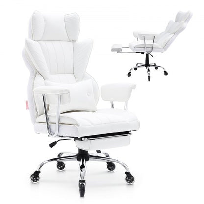 Reclining Office Chair with Footrest, Heavy Duty PU Leather Wide Office Chair, Big and Tall Executive Office Chairs with Lumbar Support, Strong Metal Base Quiet Wheels, White