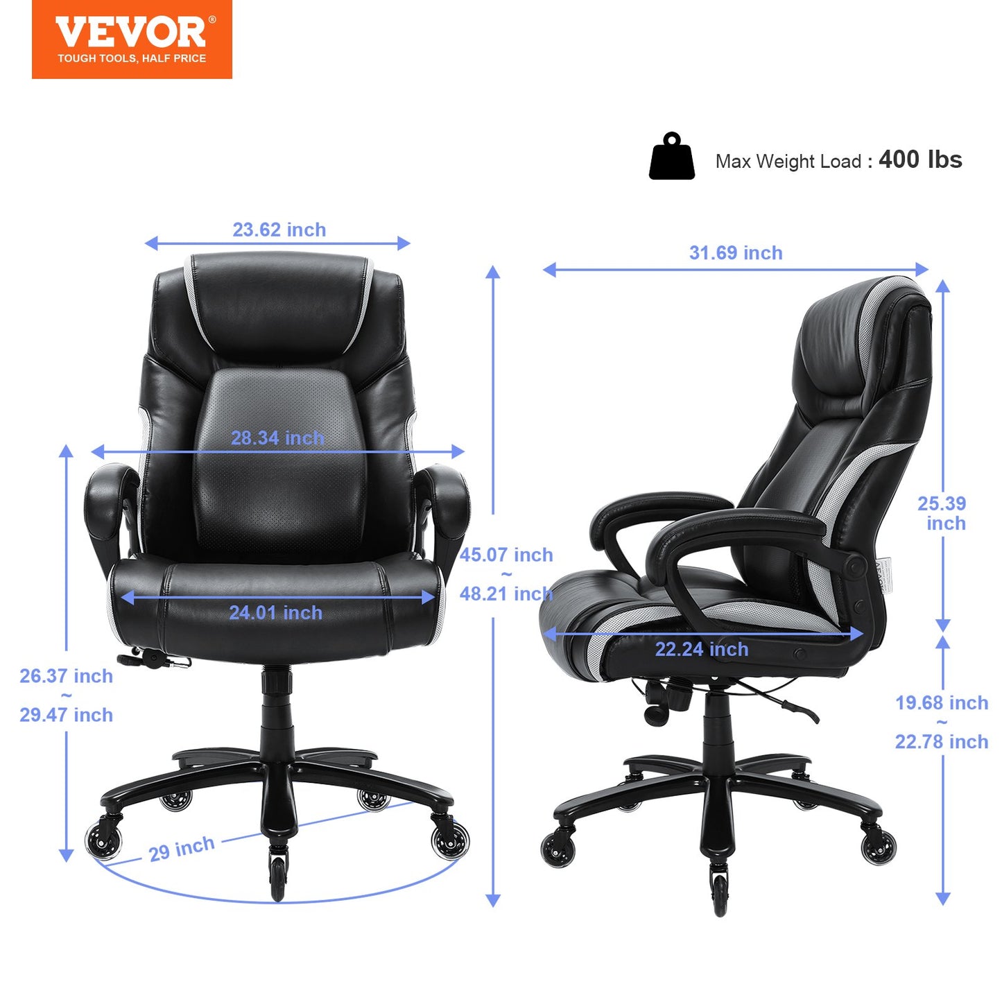 Heavy Duty Executive Office Chair with Cutting-edge Adjustable Lumbar Support for Long Hours, Big and Tall 400lbs Office Chair, Wide Thick Padded Strong Metal Base Quiet Wheels