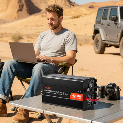 4000W växelriktare, 12V DC till 230V AC ren sinusvågsväxelriktare, solcellsladdare för bil med LCD-skärm, fjärrkontroll, 2 USB-portar, 2 AC-uttag, typ-C-port, för husbil, lastbil utomhusbruk