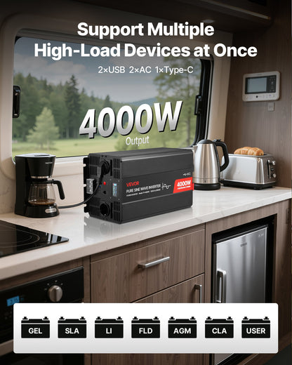 4000W växelriktare, 12V DC till 230V AC ren sinusvågsväxelriktare, solcellsladdare för bil med LCD-skärm, fjärrkontroll, 2 USB-portar, 2 AC-uttag, typ-C-port, för husbil, lastbil utomhusbruk