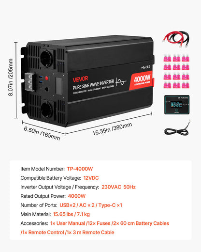 4000W växelriktare, 12V DC till 230V AC ren sinusvågsväxelriktare, solcellsladdare för bil med LCD-skärm, fjärrkontroll, 2 USB-portar, 2 AC-uttag, typ-C-port, för husbil, lastbil utomhusbruk