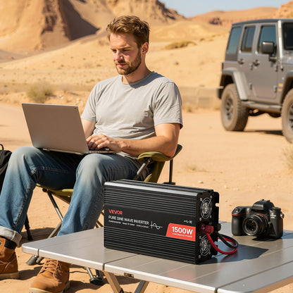 1500W växelriktare, 12V DC till 230V AC ren sinusvågsväxelriktare, billaddare med fjärrkontroll, USB- och typ-C-portar, 2 AC-uttag, snabbladdning för husbil, lastbil, utomhuscamping