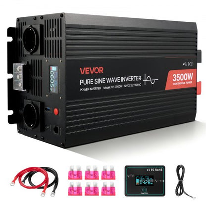 3500W Power Inverter, 12V DC to 230V AC Pure Sine Wave Inverter, Solar Car Charger Converter with LCD Display, Remote Control, USB Port, 2 AC Outlets, Type-C Port, for RV, Truck Outdoor Camping