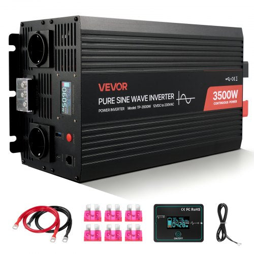 3500W Power Inverter, 12V DC to 230V AC Pure Sine Wave Inverter, Solar Car Charger Converter with LCD Display, Remote Control, USB Port, 2 AC Outlets, Type-C Port, for RV, Truck Outdoor Camping