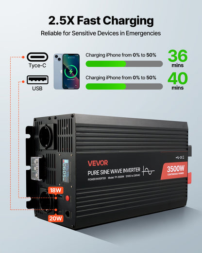 3500W Power Inverter, 12V DC to 230V AC Pure Sine Wave Inverter, Solar Car Charger Converter with LCD Display, Remote Control, USB Port, 2 AC Outlets, Type-C Port, for RV, Truck Outdoor Camping