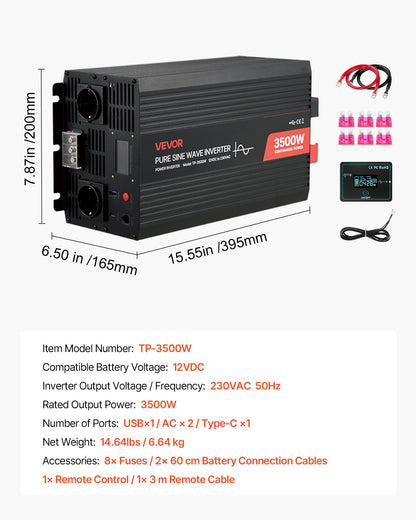 3500W Power Inverter, 12V DC to 230V AC Pure Sine Wave Inverter, Solar Car Charger Converter with LCD Display, Remote Control, USB Port, 2 AC Outlets, Type-C Port, for RV, Truck Outdoor Camping