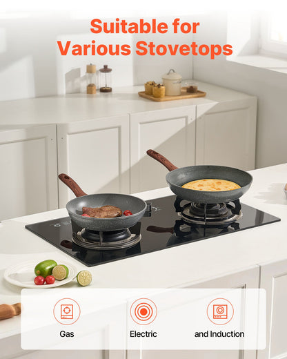 Stekpanna, Äggpannor i Aluminium, Set med 3 delar (250, 280, 325 mm), Robusta Stekpannor med Värmebeständigt Handtag, Kockens Köksredskap, För Gas, El, Induktion, Grå