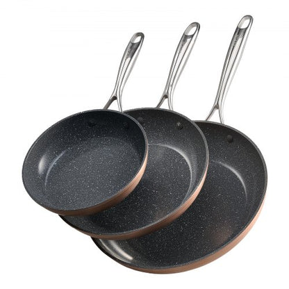 Stekpanna, äggpannor i aluminium, 3 delar (200, 270, 300 mm), kraftiga stekpannor i non-sittande keramik med värmebeständigt handtag, kockredskap, för ugn, gas, el, induktion, grå