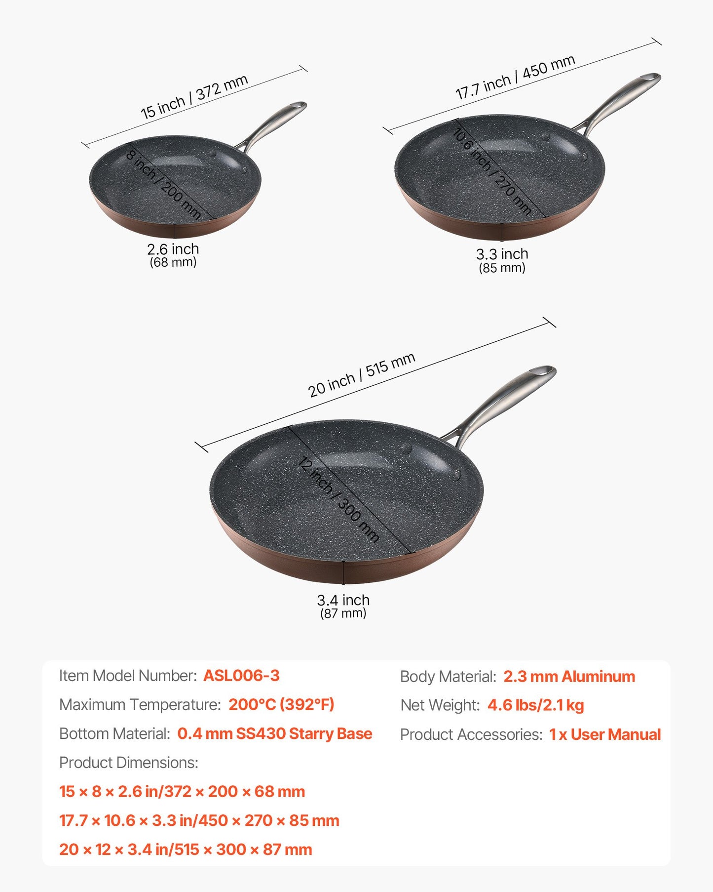 Stekpanna, äggpannor i aluminium, 3 delar (200, 270, 300 mm), kraftiga stekpannor i non-sittande keramik med värmebeständigt handtag, kockredskap, för ugn, gas, el, induktion, grå