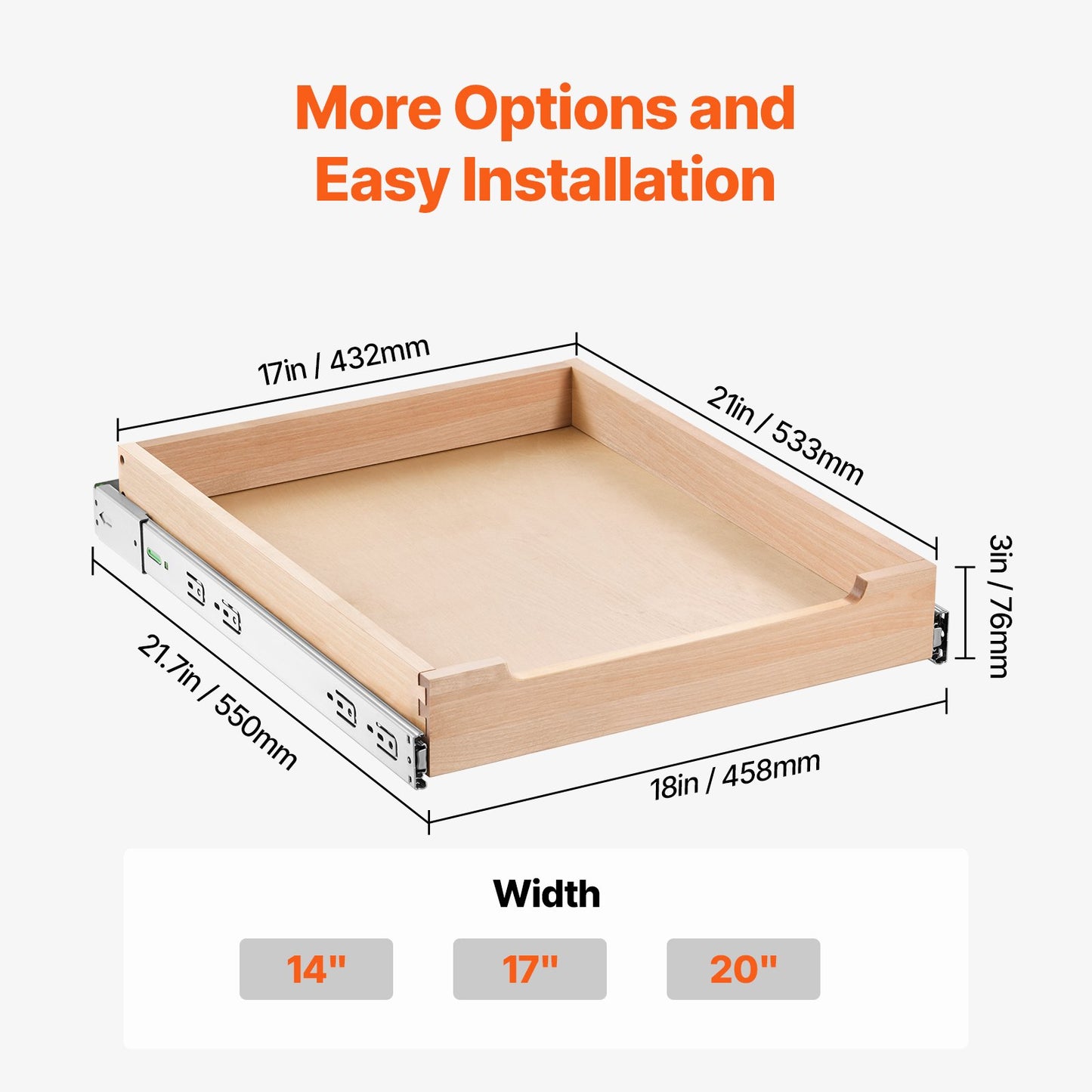 Utdragbar skåporganisatör, 43 cm B x 51 cm D skåplåda, mjukstängande utdragbar hylla, kraftig skjutbar trälåda, botten- och sidomontering, underskåpsorganisation för kök, skafferi, badrum