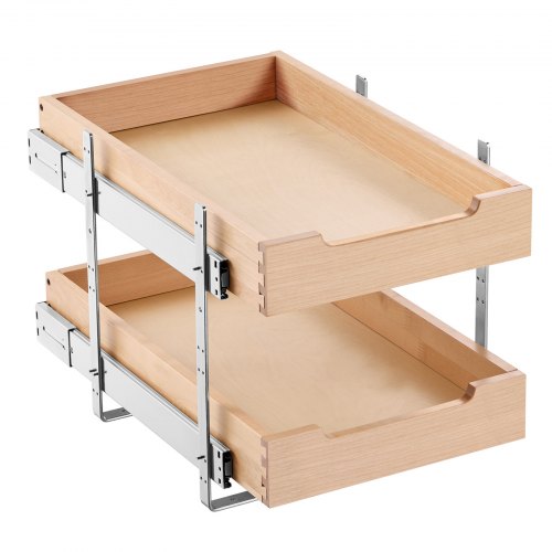 2 Tier Pull Out Cabinet Organizer, 14"W x 21"D Cabinet Drawer, Soft Close Slide out Shelf, Heavy-Duty Sliding Wood Drawer, Adjustable Base Cabinet Organization for Kitchen Pantry Bathroom