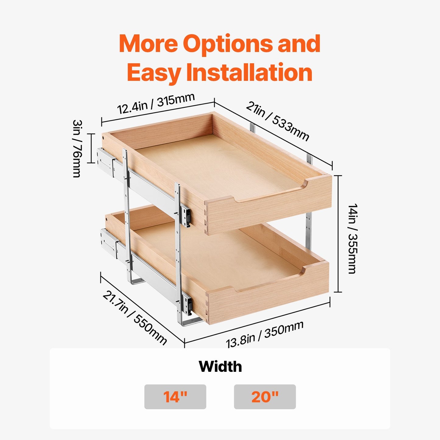 2 Tier Pull Out Cabinet Organizer, 14"W x 21"D Cabinet Drawer, Soft Close Slide out Shelf, Heavy-Duty Sliding Wood Drawer, Adjustable Base Cabinet Organization for Kitchen Pantry Bathroom