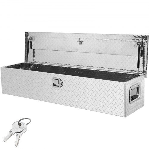 Heavy Duty Aluminum Truck Bed Tool Box, Diamond Plate Tool Box with Side Handle and Lock Keys, Storage Tool Box Chest Box Organizer for Pickup, Truck Bed, RV, Trailer, 121.9x38.1x38.1 cm, Silver