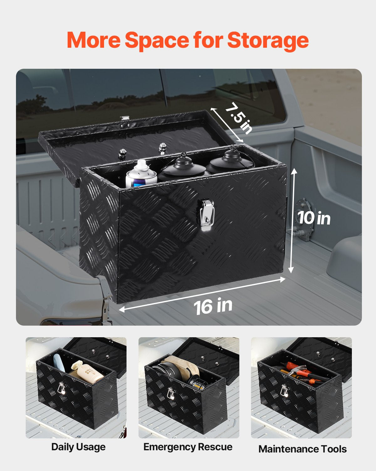 Kraftig verktygslåda i aluminium för lastbilsflak, randigt pläterat verktygslåda med sidohandtag och topphandtag, förvaringslåda för släpvagn, pickup, husbil, 16"x7,5"x10"(406x190x254mm), svart