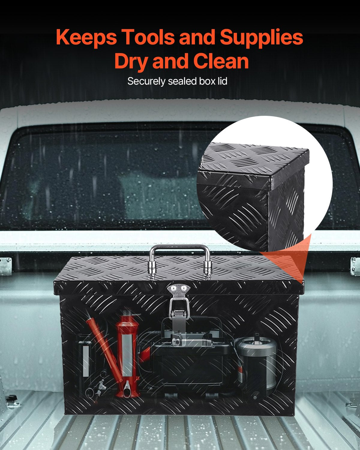 Kraftig verktygslåda i aluminium för lastbilsflak, randigt pläterat verktygslåda med sidohandtag och topphandtag, förvaringslåda för släpvagn, pickup, husbil, 16"x7,5"x10"(406x190x254mm), svart