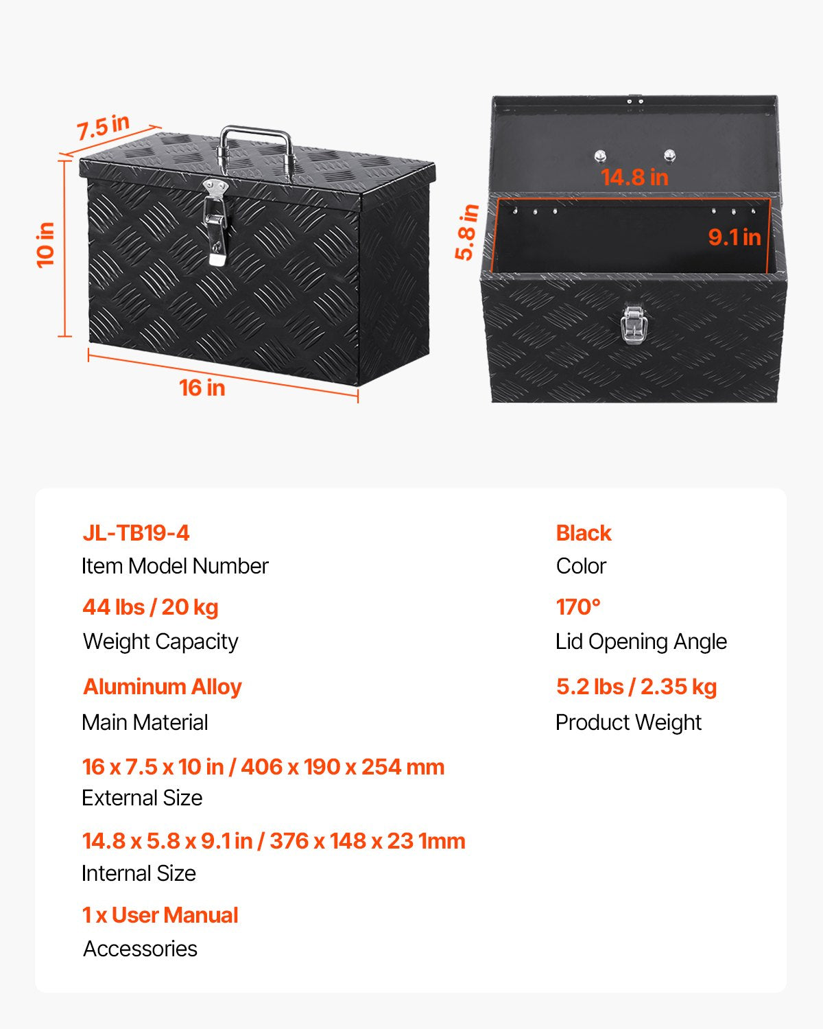 Kraftig verktygslåda i aluminium för lastbilsflak, randigt pläterat verktygslåda med sidohandtag och topphandtag, förvaringslåda för släpvagn, pickup, husbil, 16"x7,5"x10"(406x190x254mm), svart