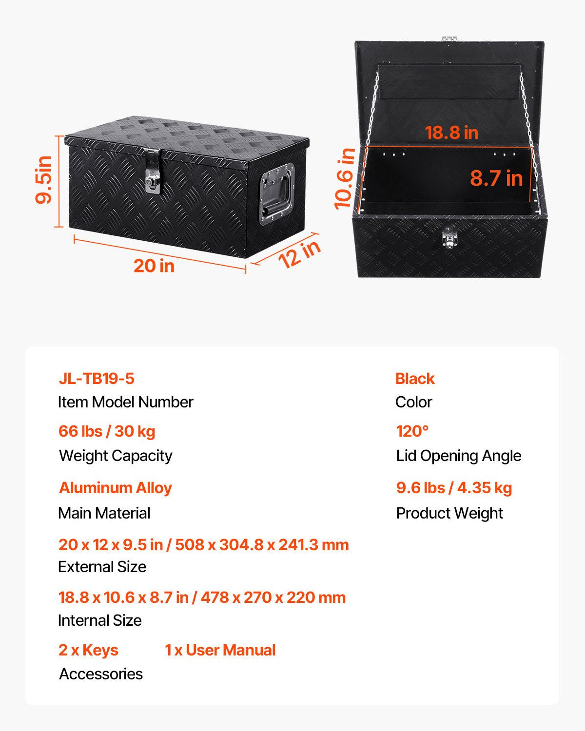 Heavy Duty Aluminum Truck Bed Tool Box, Stripes Plated Tool Box with Side Handle and Lock Keys, Storage Toolbox Chest Organizer for Trailer, Pickup, RV, 20"x12"x9.5"(508x304.8x241.3mm), Black