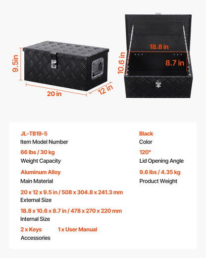 Heavy Duty Aluminum Truck Bed Tool Box, Stripes Plated Tool Box with Side Handle and Lock Keys, Storage Toolbox Chest Organizer for Trailer, Pickup, RV, 20"x12"x9.5"(508x304.8x241.3mm), Black