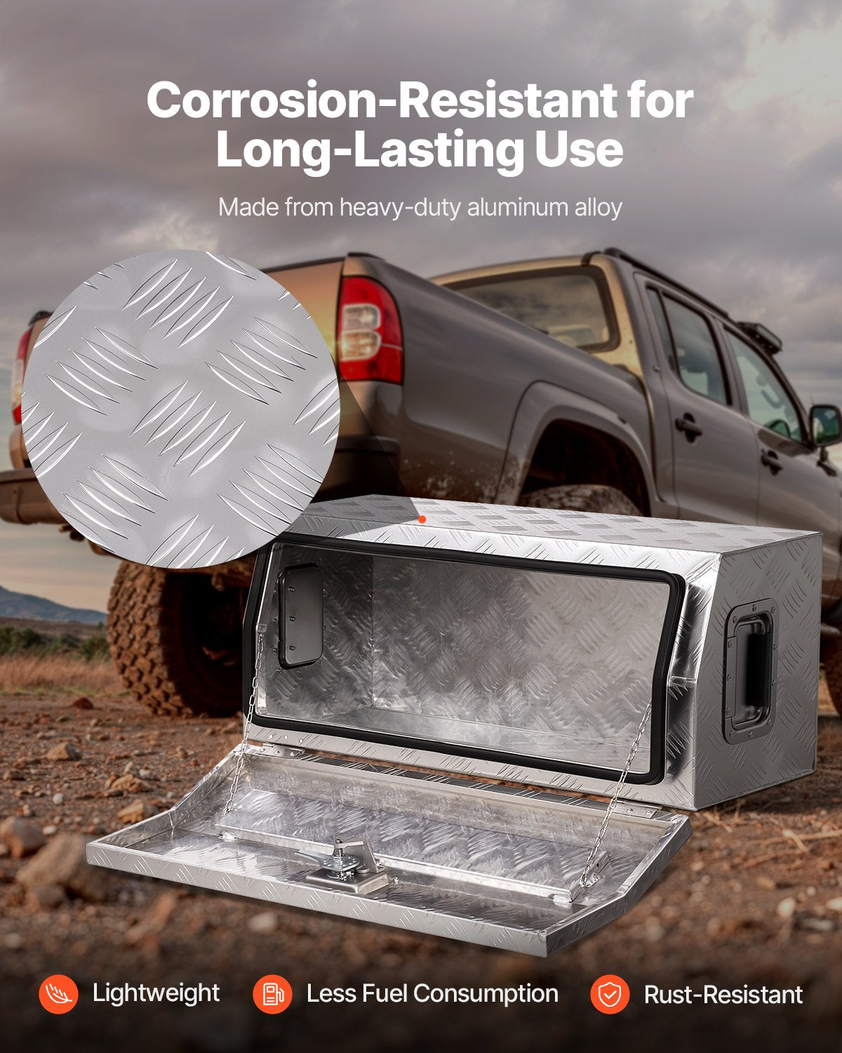 Verktygslåda i kraftigt aluminiumflak, ränderpläterad verktygslåda med sidohandtag och T-låsnycklar, förvaringslåda för släpvagn, pickup, husbil, 762 x 330,2 x 330,2 mm, silver