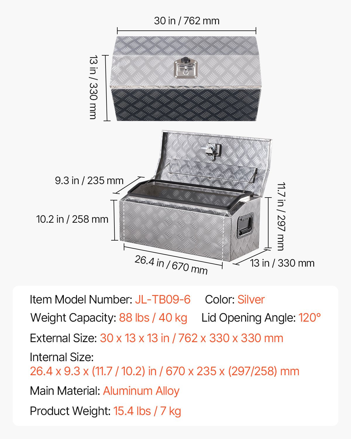 Verktygslåda i kraftigt aluminiumflak, ränderpläterad verktygslåda med sidohandtag och T-låsnycklar, förvaringslåda för släpvagn, pickup, husbil, 762 x 330,2 x 330,2 mm, silver