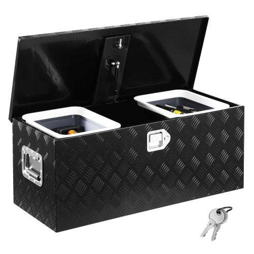 Heavy Duty Aluminum Truck Bed Tool Box, Stripes Plated Tool Box with Sliding Shelf, Side Handle, Lock & Keys, Storage Toolbox Chest for Trailer, Pickup, 35.4"x14.6"x14.6"(899x370x370mm), Black