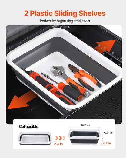 Heavy Duty Aluminum Truck Bed Tool Box, Stripes Plated Tool Box with Sliding Shelf, Side Handle, Lock & Keys, Storage Toolbox Chest for Trailer, Pickup, 35.4"x14.6"x14.6"(899x370x370mm), Black