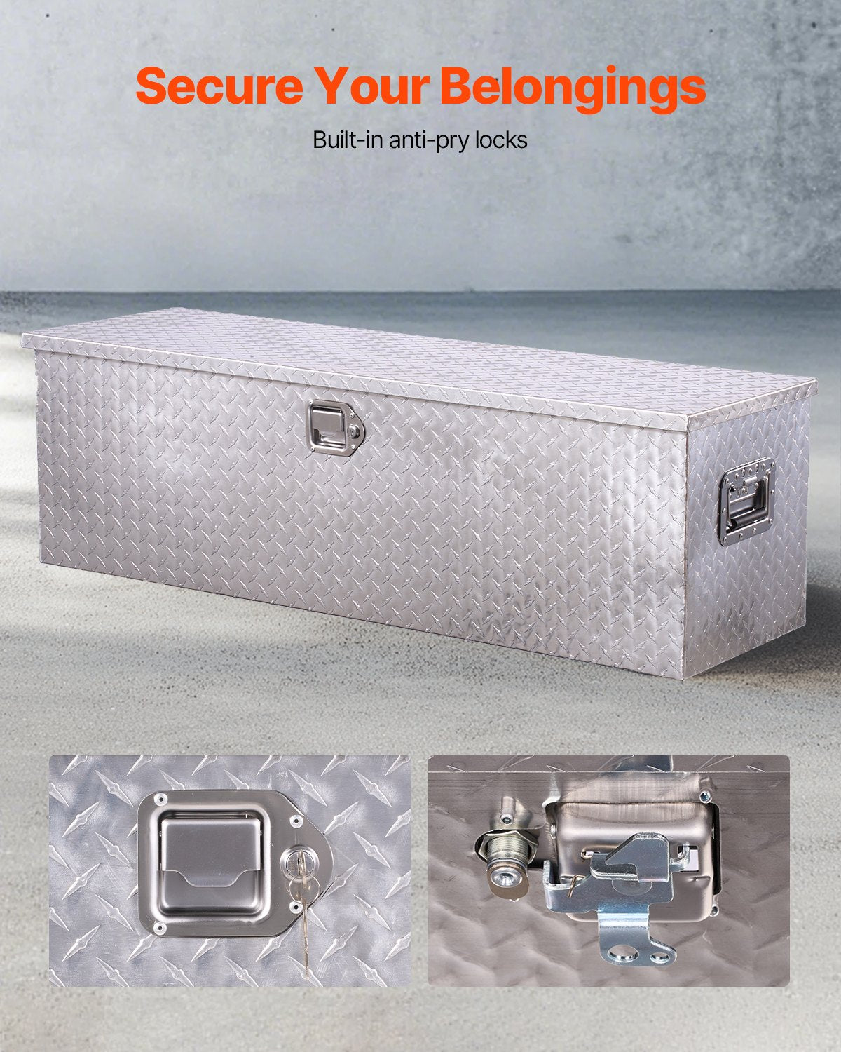 Heavy Duty Aluminum Truck Bed Tool Box, Diamond Plate Tool Box with Side Handle and Lock Keys, Storage Toolbox Chest Organizer for Trailer, Pickup, RV, 49"x15"x15"(1244.6x381x381mm), Silver