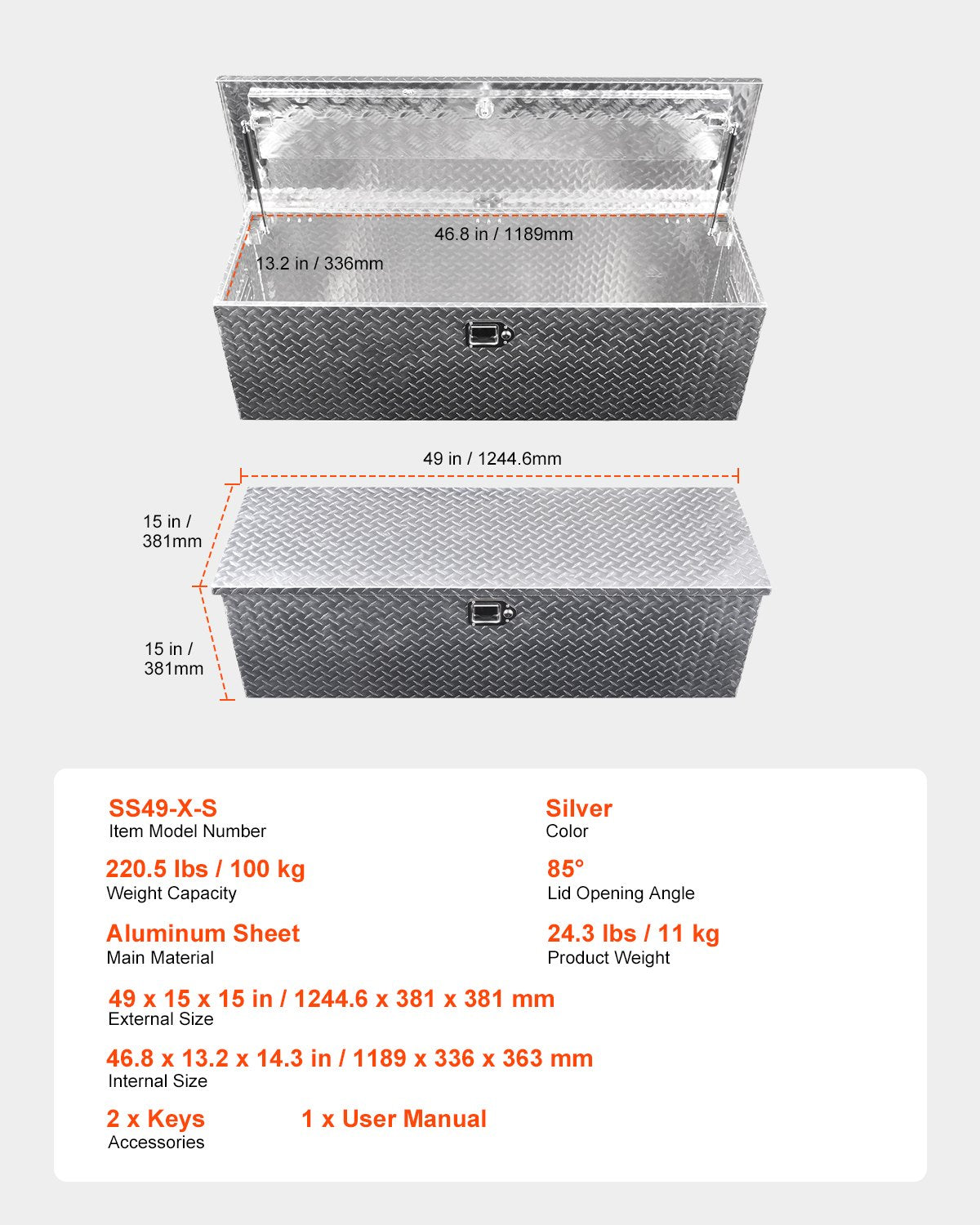 Heavy Duty Aluminum Truck Bed Tool Box, Diamond Plate Tool Box with Side Handle and Lock Keys, Storage Toolbox Chest Organizer for Trailer, Pickup, RV, 49"x15"x15"(1244.6x381x381mm), Silver