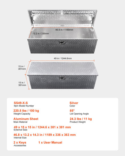 Heavy Duty Aluminum Truck Bed Tool Box, Diamond Plate Tool Box with Side Handle and Lock Keys, Storage Toolbox Chest Organizer for Trailer, Pickup, RV, 49"x15"x15"(1244.6x381x381mm), Silver