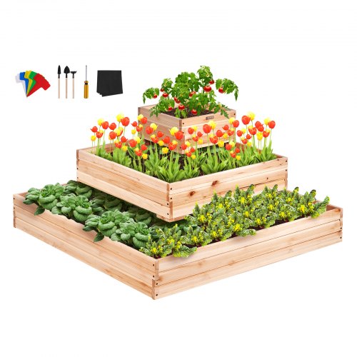 Raised Garden Bed, 3.7 x 3.7 x 1.7 ft Wooden Planter Box, Outdoor Planting Boxes with Open Base, for Growing Flowers/Vegetables/Herbs in Backyard/Garden/Patio/Balcony, Burlywood