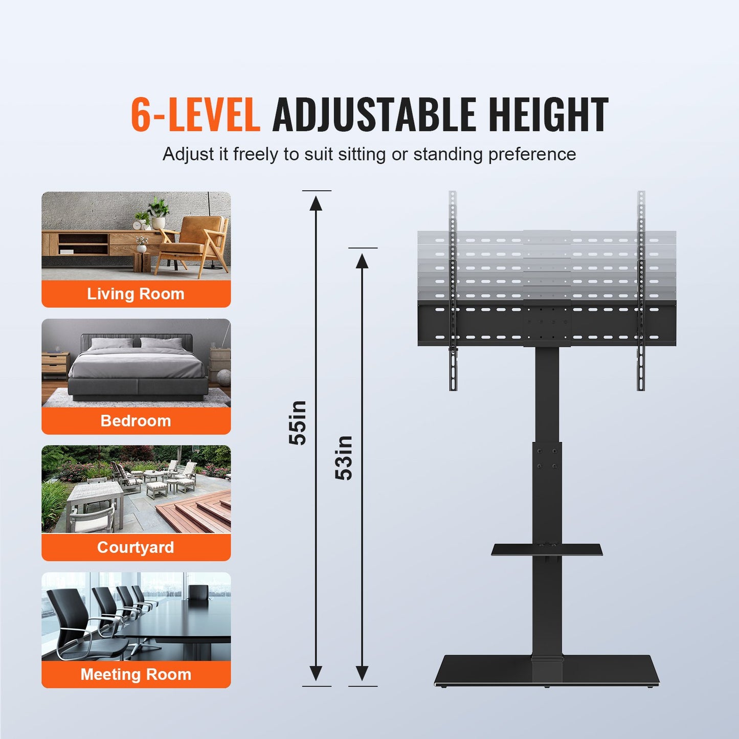 TV Stand Mount, Swivel Tall TV Stand for 32 to 85 inch TVs, Height Adjustable Portable Floor TV Stand with Tempered Glass Base for Bedroom, Living Room