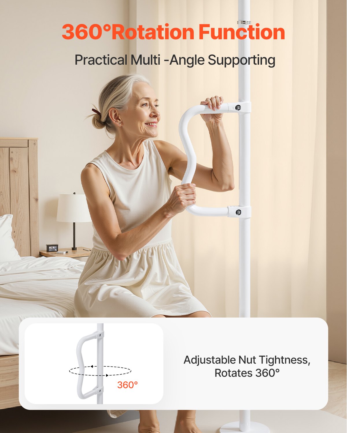 Överföringsstång från golv till tak, spänningsmonterat badrumsstöd med halkfritt böjt handtag, säkerhetsstång med kapacitet på 136 kg för äldre, idealisk säkerhetsstång för seniorer för takhöjder på 2,0-3 meter, vit