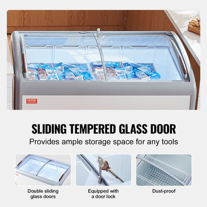 Commercial Ice Cream Display Case, 362 L Chest Freezer, Mobile Glass Top Deep Freezer, Restaurant Gelato Dipping Cabinet with 4 Wire Baskets, 2 Sliding Glass Doosr, Locking Casters, White
