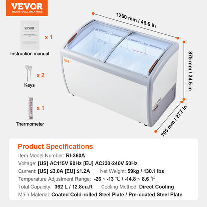 Commercial Ice Cream Display Case, 362 L Chest Freezer, Mobile Glass Top Deep Freezer, Restaurant Gelato Dipping Cabinet with 4 Wire Baskets, 2 Sliding Glass Doosr, Locking Casters, White