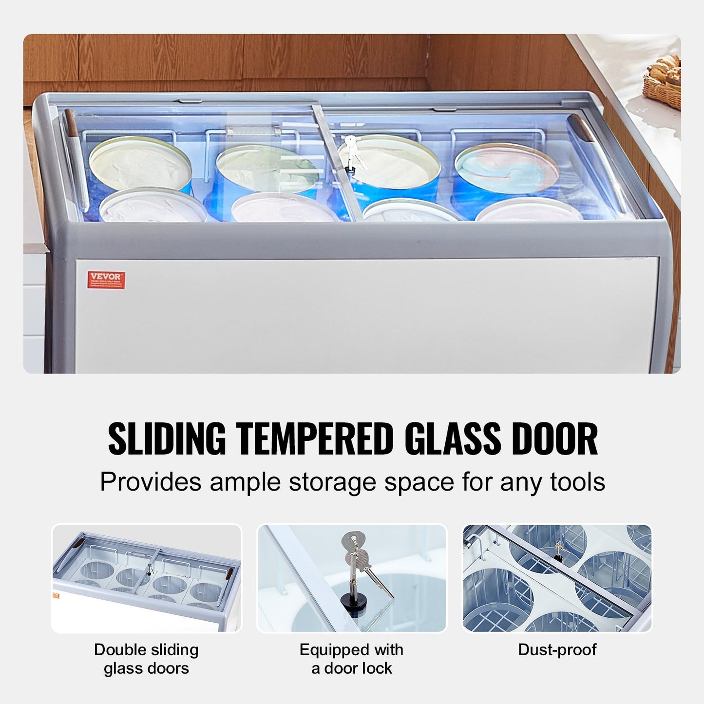 Commercial Ice Cream Display Case, 370 L Chest Freezer, Mobile Glass Top Deep Freezer, Restaurant Gelato Dipping Cabinet with 8 Large Tubs, 2 Sliding Glass Doors, Locking Casters, White