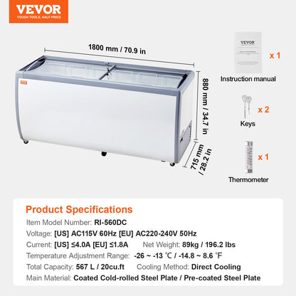 Commercial Ice Cream Display Case, 567 L Chest Freezer, Mobile Glass Top Deep Freezer, Restaurant Gelato Dipping Cabinet with 12 Large Tubs, 2 Sliding Glass Doors, Locking Casters, White