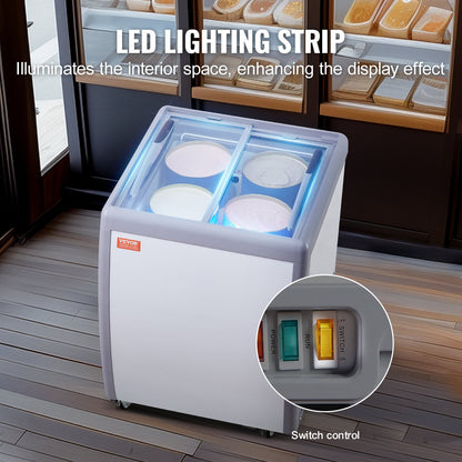 Kommersiell glassmonter, 158 liters frysbox, mobil glasfrys, restaurangskåp för dippning av gelato, 2 skjutbara glasdörrar, låsbara hjul, vit