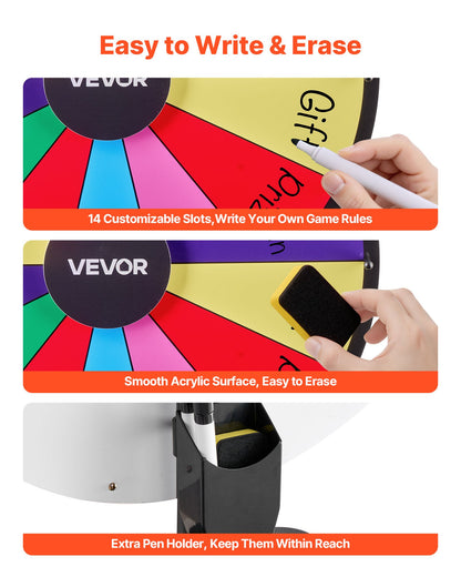 610 mm snurrande prishjul, 14 platser med stativ, justerbar höjd för lycko-roulette med whiteboard och 2 markörer, 6 färger, enkel montering, för fest, pub, mässa, karneval