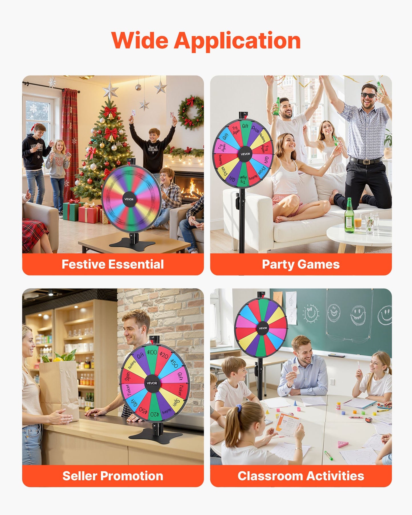 610 mm snurrande prishjul, 14 platser med stativ, justerbar höjd för lycko-roulette med whiteboard och 2 markörer, 6 färger, enkel montering, för fest, pub, mässa, karneval