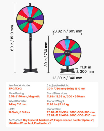 610 mm snurrande prishjul, 14 platser med stativ, justerbar höjd för lycko-roulette med whiteboard och 2 markörer, 6 färger, enkel montering, för fest, pub, mässa, karneval