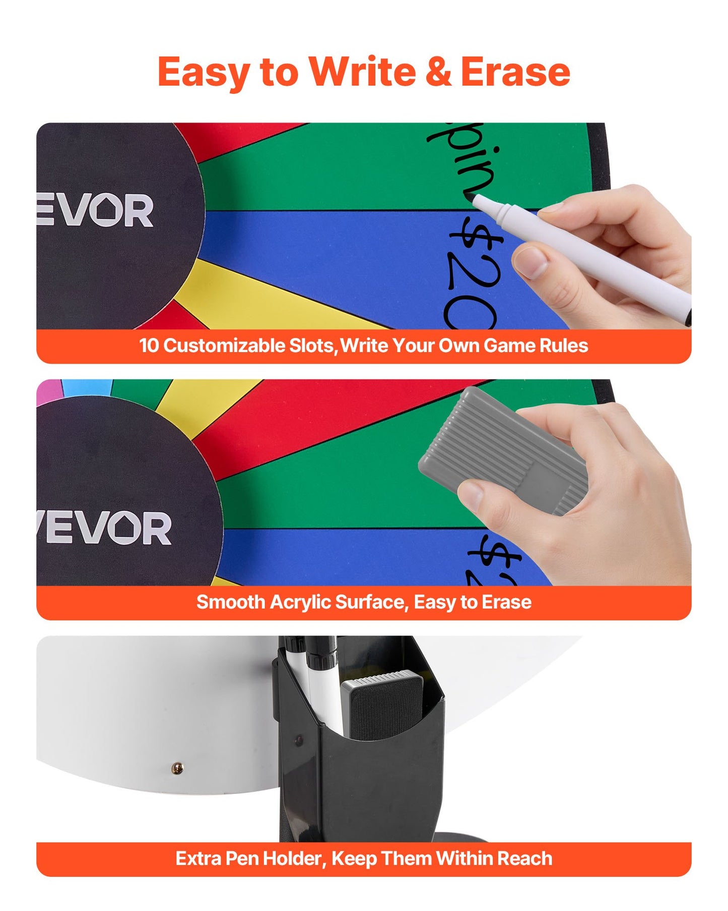 914 mm snurrande prishjul, 18 platser med stativ, justerbar höjd för lycko-roulette med whiteboard och 2 markörer, 6 färger, enkel montering, för fest, pub, mässa, karneval