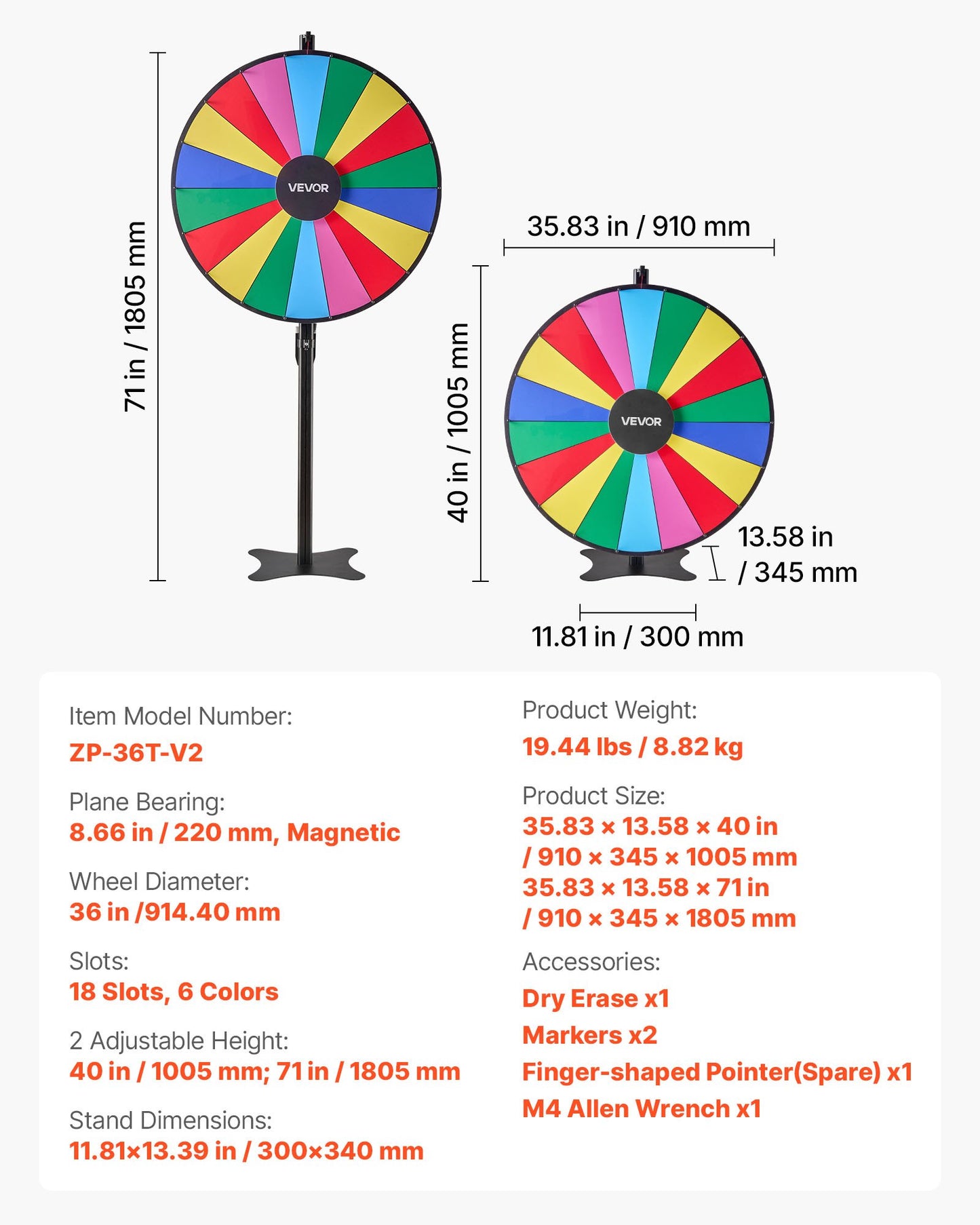 914 mm snurrande prishjul, 18 platser med stativ, justerbar höjd för lycko-roulette med whiteboard och 2 markörer, 6 färger, enkel montering, för fest, pub, mässa, karneval