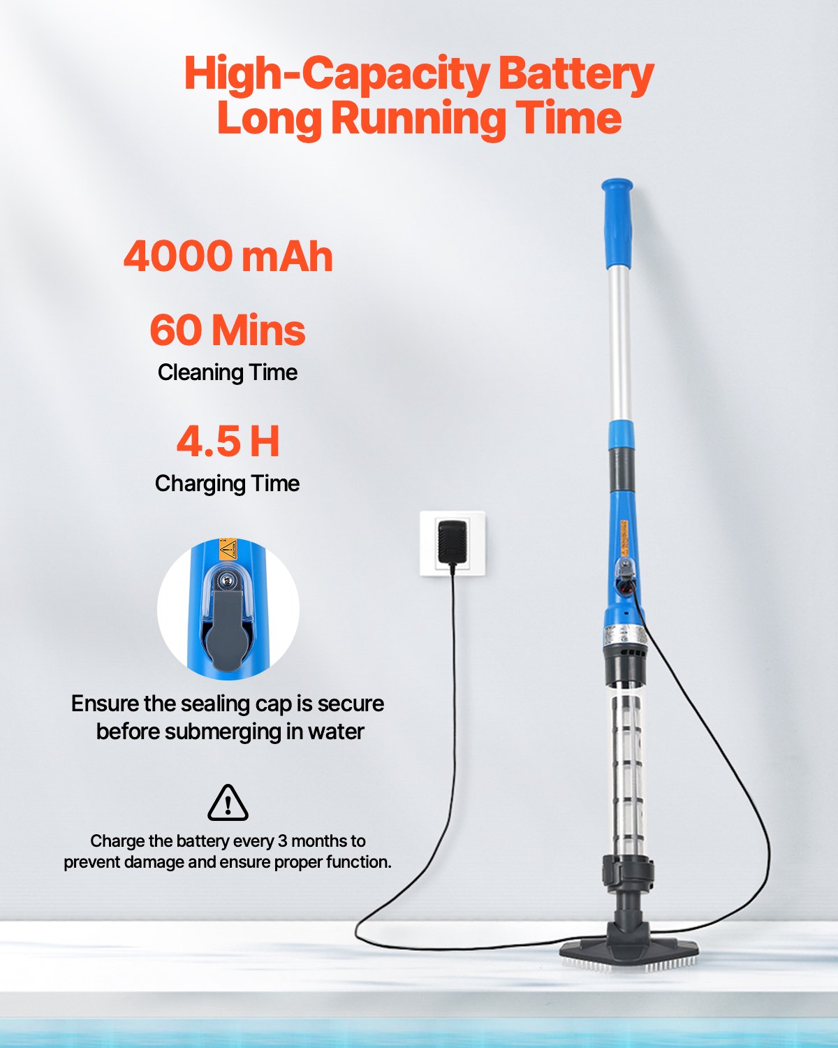 Pool Vacuum, 8.5 GPM Handheld Cordless Hot Tub Vacuum with Extension Pole, for Deep Cleaning & Strong Suction, Rechargeable Pool Cleaner, Running up to 1Hour, for Above Ground/Inground Pool Spas