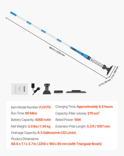 Pool Vacuum, 8.5 GPM Handheld Cordless Hot Tub Vacuum with Extension Pole, for Deep Cleaning & Strong Suction, Rechargeable Pool Cleaner, Running up to 1Hour, for Above Ground/Inground Pool Spas