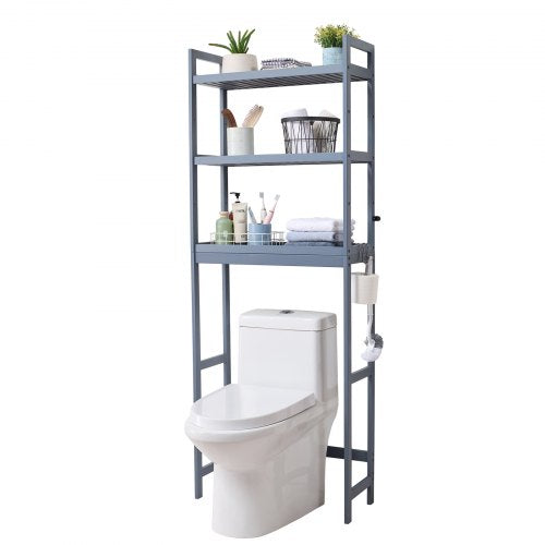 Over the Toilet Storage, 3-Tier Adjustable Over Toilet Bathroom Organizer, Bamboo Storage Shelf Rack with 3 Hooks, Freestanding Easy Assembly Laundry Space Saver, Fit Most Toilets, Gray